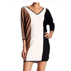 TRINA TURK Color Block Merino Wool Sweater Dress Dolman V Neck‎ Midi Sz Small